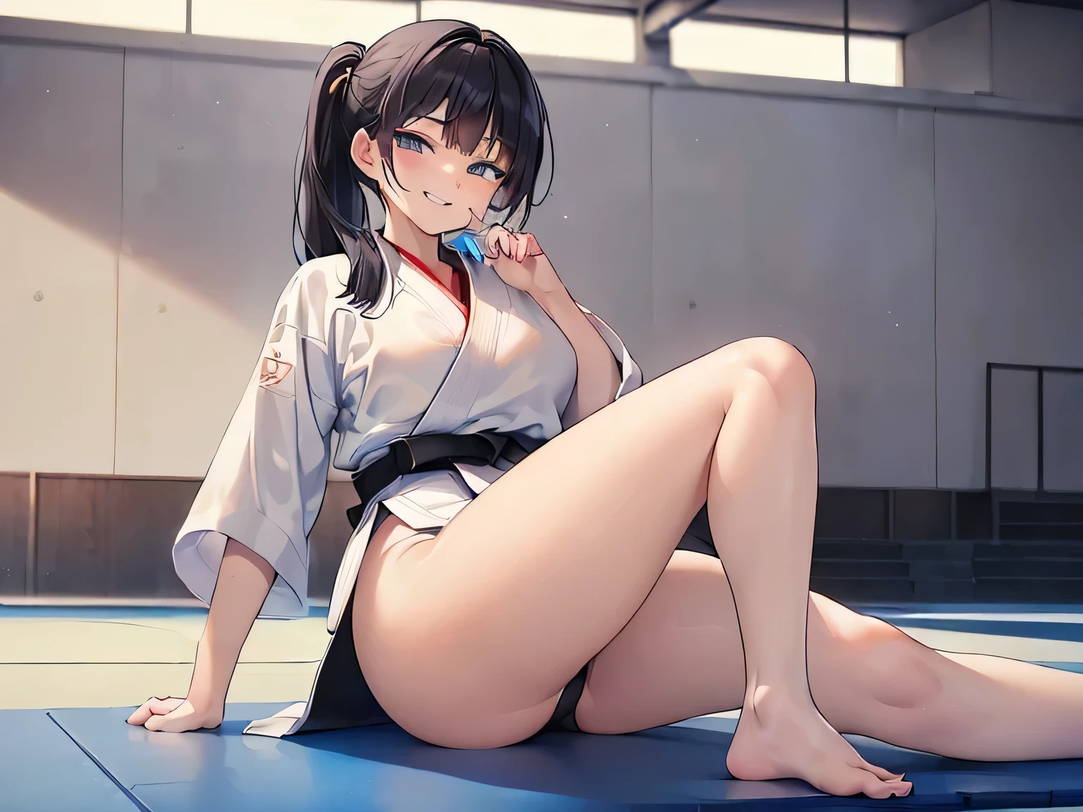 A provocative, smirking expression、