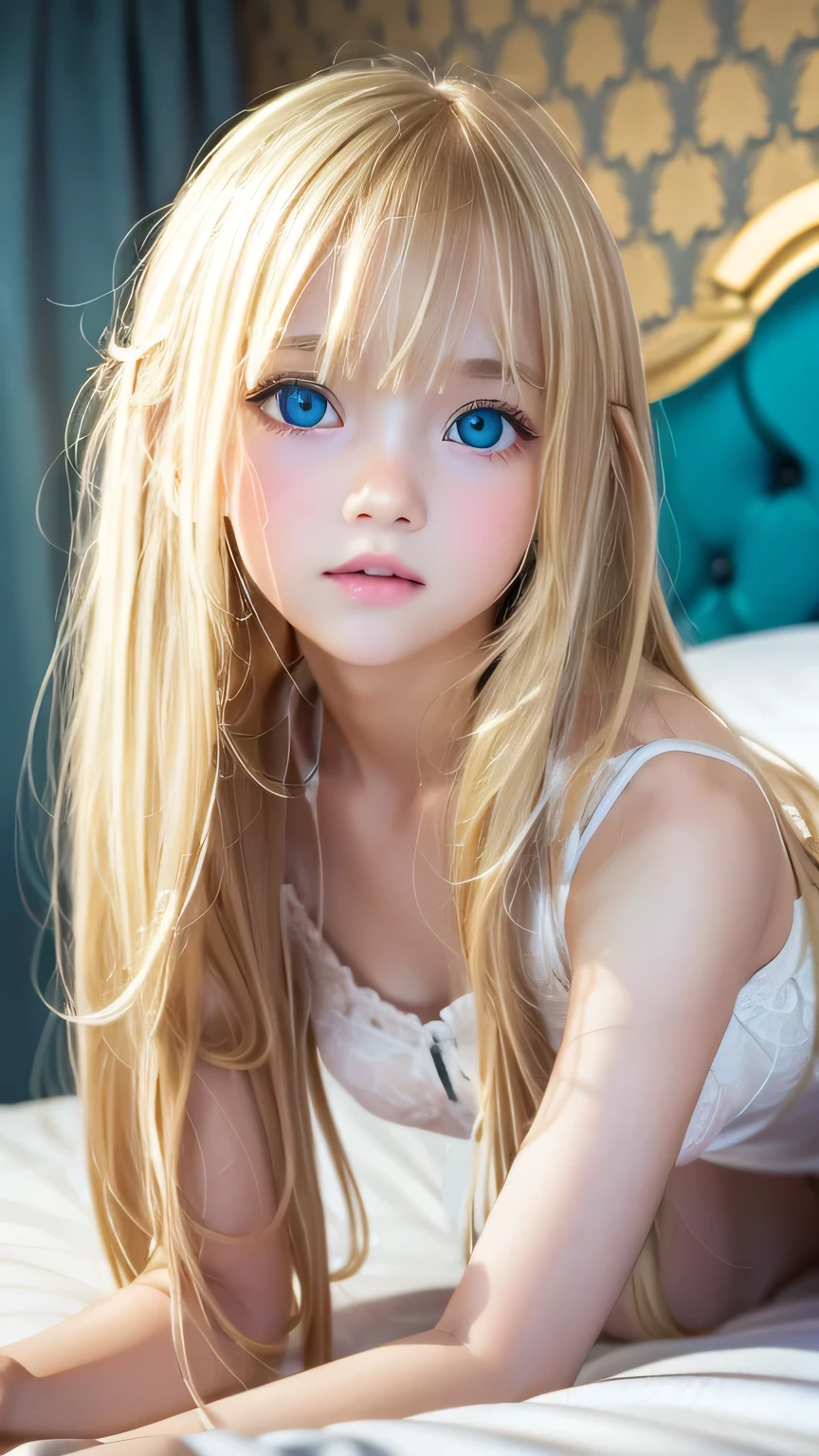 A very white and beautiful 16-year-old blonde girl、Mastepiece, Best Quality, Illustration, Ultra-detailed fine details, Natural platinum blonde with a natural shine、Super long straight silky hair、disheveled bangs above the eyes,、Bangs that cover the face、High resolution, 8K Denden Wallpaper, Perfect dynamic composition, Beautifully detailed large light blue eyes , Very big eyes、of hotel(Bed)、Small Face Girl、Round face、On all fours