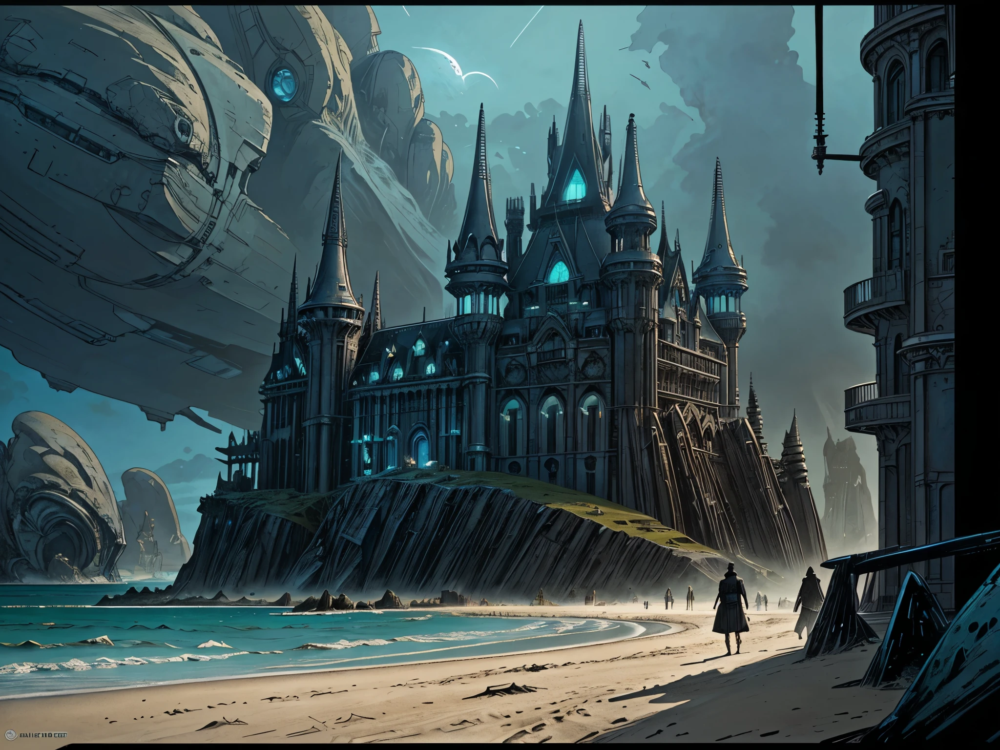 there is a large building on the beach with a flying object, inspired victorian sci - fi, in a castle on an alien planet, extravagant matte painting, alien castle in background, matte painting concept art, futuristic palace, illustration matte painting, concept art matte painting, matte painting”, matte painting ”, beach on the outer rim, concept arts, inspired by Jean Tabaud
