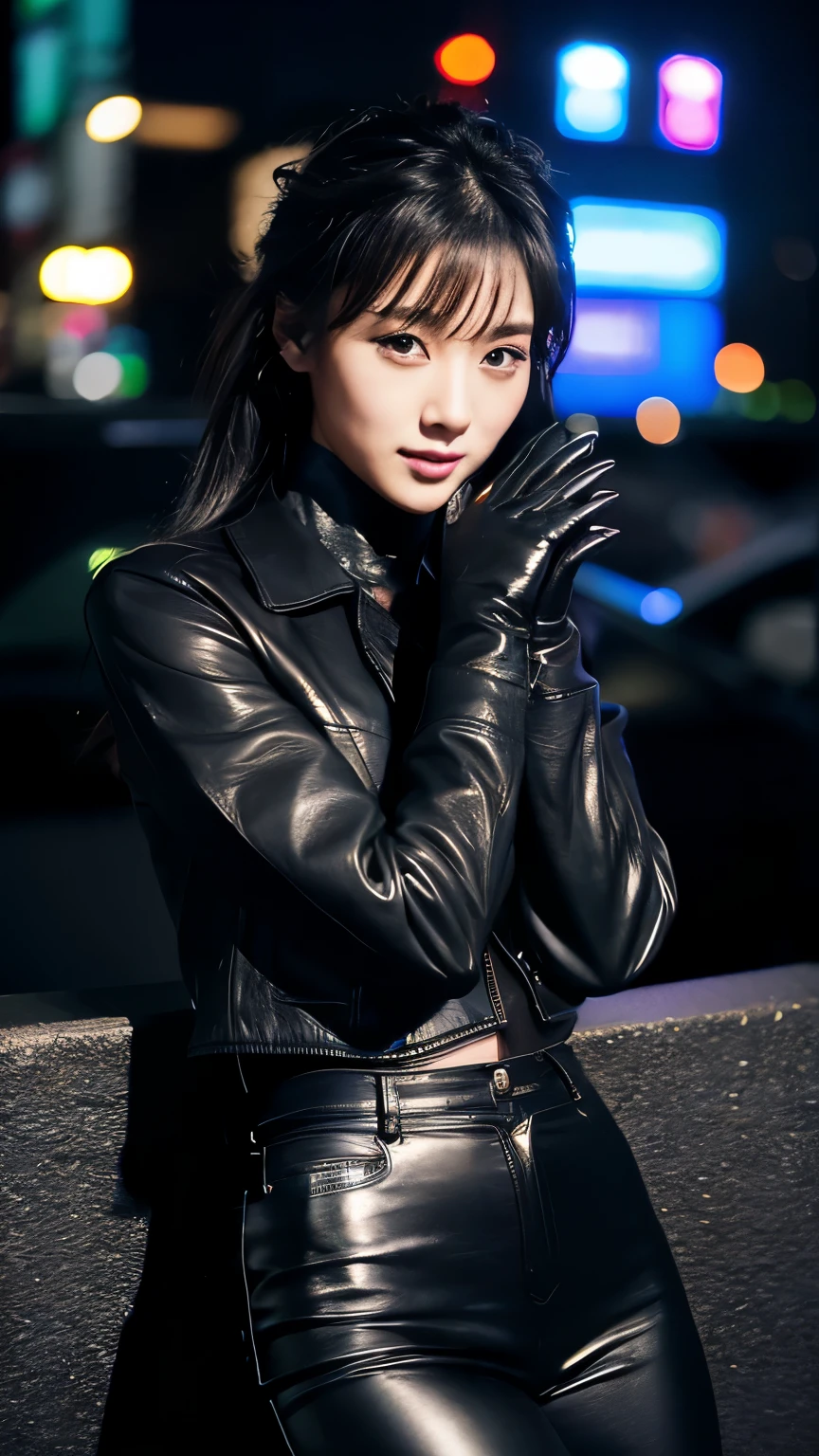 black leather rider jacket, Office in the Dark, Black leather gloved fingertips on both hands,Wearing black leather gloves,Sitting in a black leather chair、 Japanese female new recruits (Black leather gloves cover both hands) (The angle is horizontal)、Black Leather Pants,Black Leather Black Leather Pants,Black Leather Skinny Pants、Long black leather boots on both feet、Black hair ponytail ((He wears black leather gloves on his hands))Full Body Photo,full body shot full body full body leather suit,☺If you turn in this direction。Wearing black leather gloves,Wearing black leather gloves,Wearing black leather gloves,Wearing black leather gloves,Wearing black leather gloves,Wearing black leather gloves,黒のレザーパンツが美しい😍黒のレザーパンツが美しい😍黒のレザーパンツが美しい,😍Smiling while looking at me,City lights、((Neon Cyberpunk City Street:1.3))、(Neon Light)、Detailed lighting、

Best image quality、Ultra-high resolution、(realism:1.4)、Korean Beauty Star、The most beautiful KPOP stars、face、Horny Korean Makeup、A body that makes you want to touch it、Realistic leather texture、Costume made of smooth leather fabric、The drape of the curved parts of the leather fabric、The costume is very shiny、Quality of the costume、8K Photo Quality