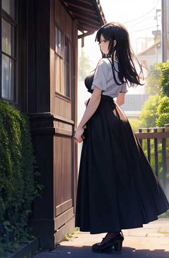 ((best quality)), ((masterpiece)), (detailed), perfect face,25-year-old woman, Back view, Black Hair, Long Hair,Gentle eyes,tall, Large Breasts, Casual clothing,Long Skirt, Entrance of the house,Outdoor Scene, Standing,whole body