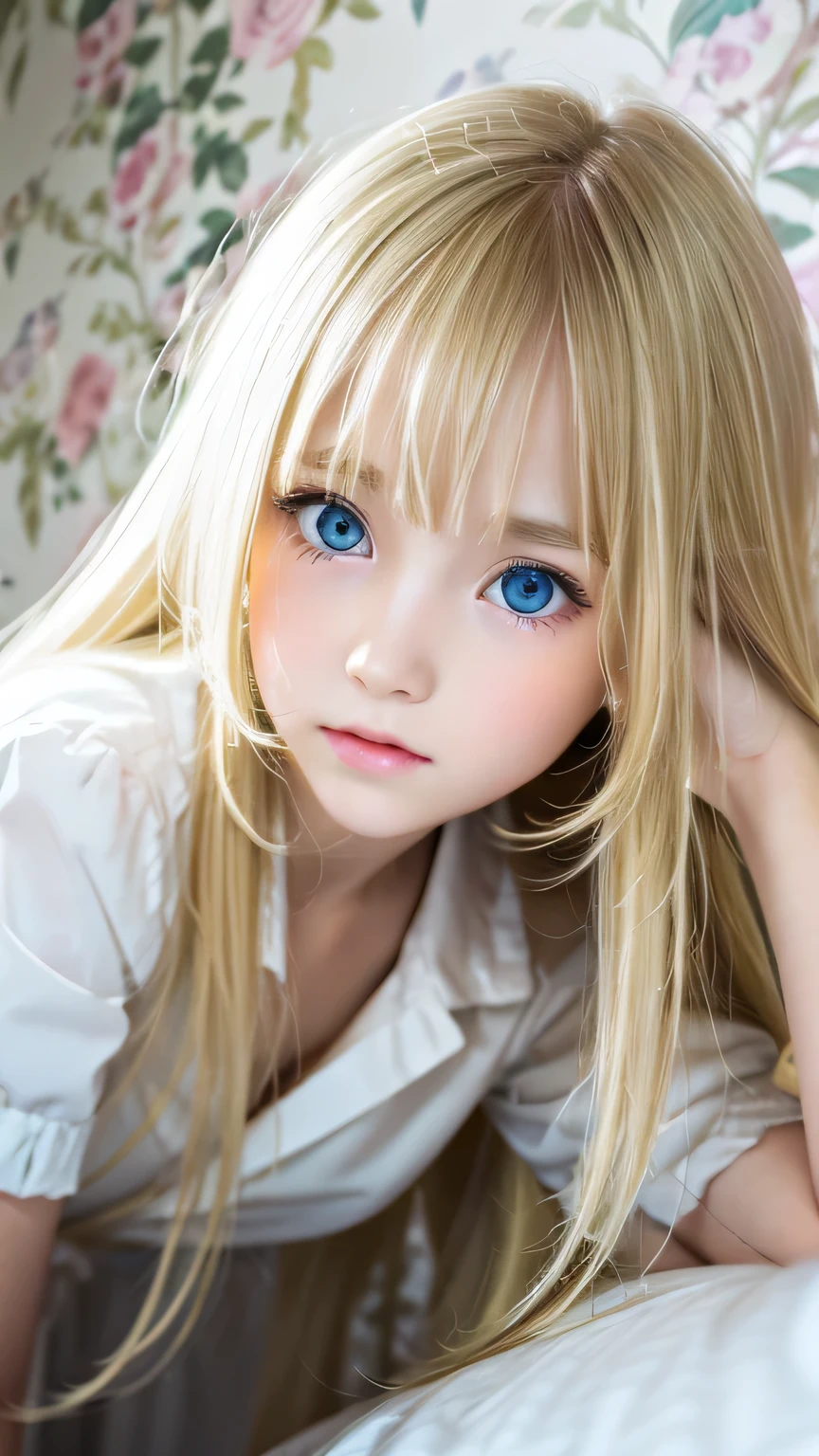 A very white and beautiful -yeld ble girl、Mastepiece, Best Quality, Illustration, Ultra-detailed fine details, Natural platinum blonde with a natural shine、Super long straight silky hair、Rapunzel Hair、disheveled bangs above the eyes,、Bangs that cover the face、High resolution, 8K Denden Wallpaper, Perfect dynamic composition, Beautifully detailed large light blue eyes , Very big eyes、of hotel(Bed)、Small Face Girl、Round face、On all fours