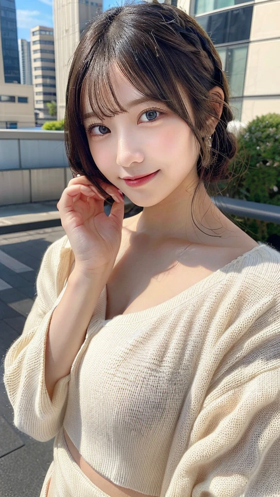 highest quality, shape, Very detailed, finely, High resolution, 8k wallpaper, Perfect dynamic shape, Beautiful and detailed, Summer clothes,Medium Hair,Natural color lip,smile,20-year-old girl、Midnight、Beautiful and elaborate face、Perfect and beautiful face、Slim face and figure,spread your arms wide, ((Best picture quality, 8K, masterpaintings:1.3)), 1girl huge large breasts, Beautiful woman with slender abs:1.3, (Casual hairstyle, :1.2), Ultra-fine face, detailed eye, Double eyelids，Smile with、Take pictures in cute poses，The figure is very bad，tiny small waist，bigbreast，Close-up，Close-up chest，White-skinned，beautiful in the background、Tokyo cityscape、Knit dress