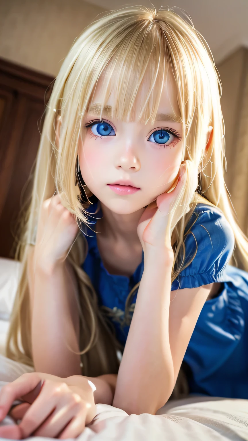 A very white and beautiful 18-year-old blonde girl、Mastepiece, Best Quality, Illustration, Ultra-detailed fine details, Natural platinum blonde with a natural shine、Super long straight silky hair、Rapunzel Hair、disheveled bangs above the eyes,、Bangs that cover the face、High resolution, 8K Denden Wallpaper, Perfect dynamic composition, Beautifully detailed large light blue eyes , Very big eyes、of hotel(Bed)、Small Face Girl、Round face、On all fours