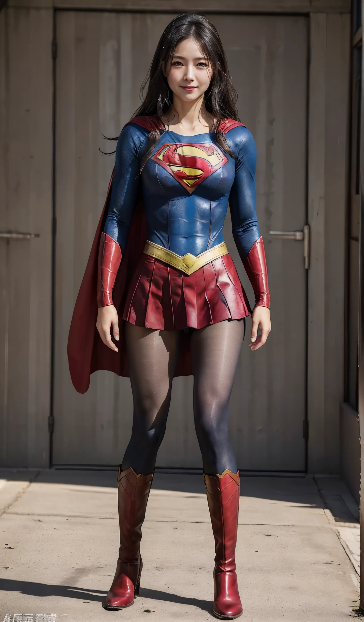 No background、(((Beautiful legs in black tights.)))、(((Legally express the beauty of your smile)))、((((Make the most of your original images)))、(((Supergirl Costume)))、(((Beautiful Hair)))、(((suffering)))、(((Please wear black tights....、Wear red boots)))、((Best image quality、8k))、((highest quality、8k、masterpiece:1.3))、(((Preserve background )))、Sharp focus:1.2、Beautiful woman with perfect figure:1.4、Slim Abs:1.2、Wet body:1.5、Highly detailed face and skin texture、8k