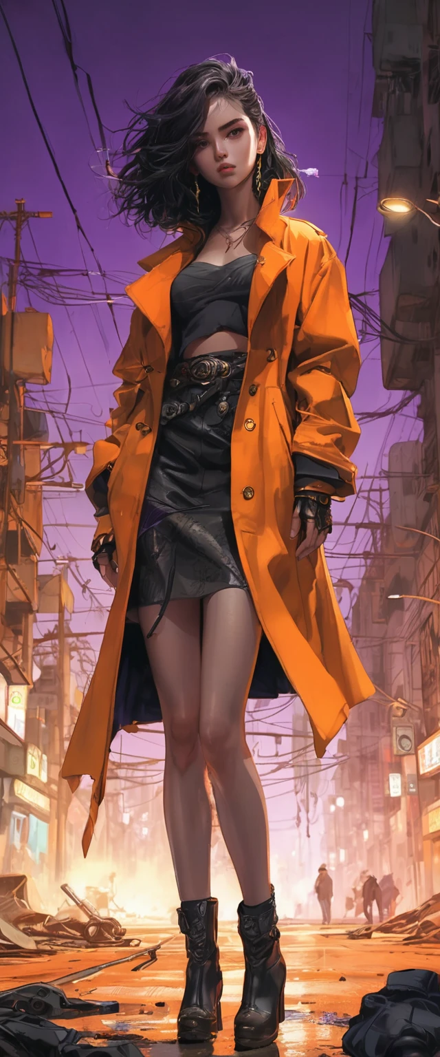 oscuro y desgarrado, 1 joven hermoso cuerpo musculoso, fierce expression, sosteniendo un arma, (colores en su ropa, warm, naranja, amarillo, Violeta:1.3), standing in a desolate wasteland, dramatic lighting, sombras intensas, textura arenosa, tall contrast, Colores vibrantes, dynamic pose, postura poderosa, fondo rugoso, explosive atmosphere, dystopian theme, elementos surrealistas, digitally painted illustration, High definition resolution, detalles intrincados, dramatic composition, avant-garde and chaotic brushstrokes, Gothic style, emociones intensas, epic scale, raw and gritty feeling, Obras de arte cautivadoras y provocativas..