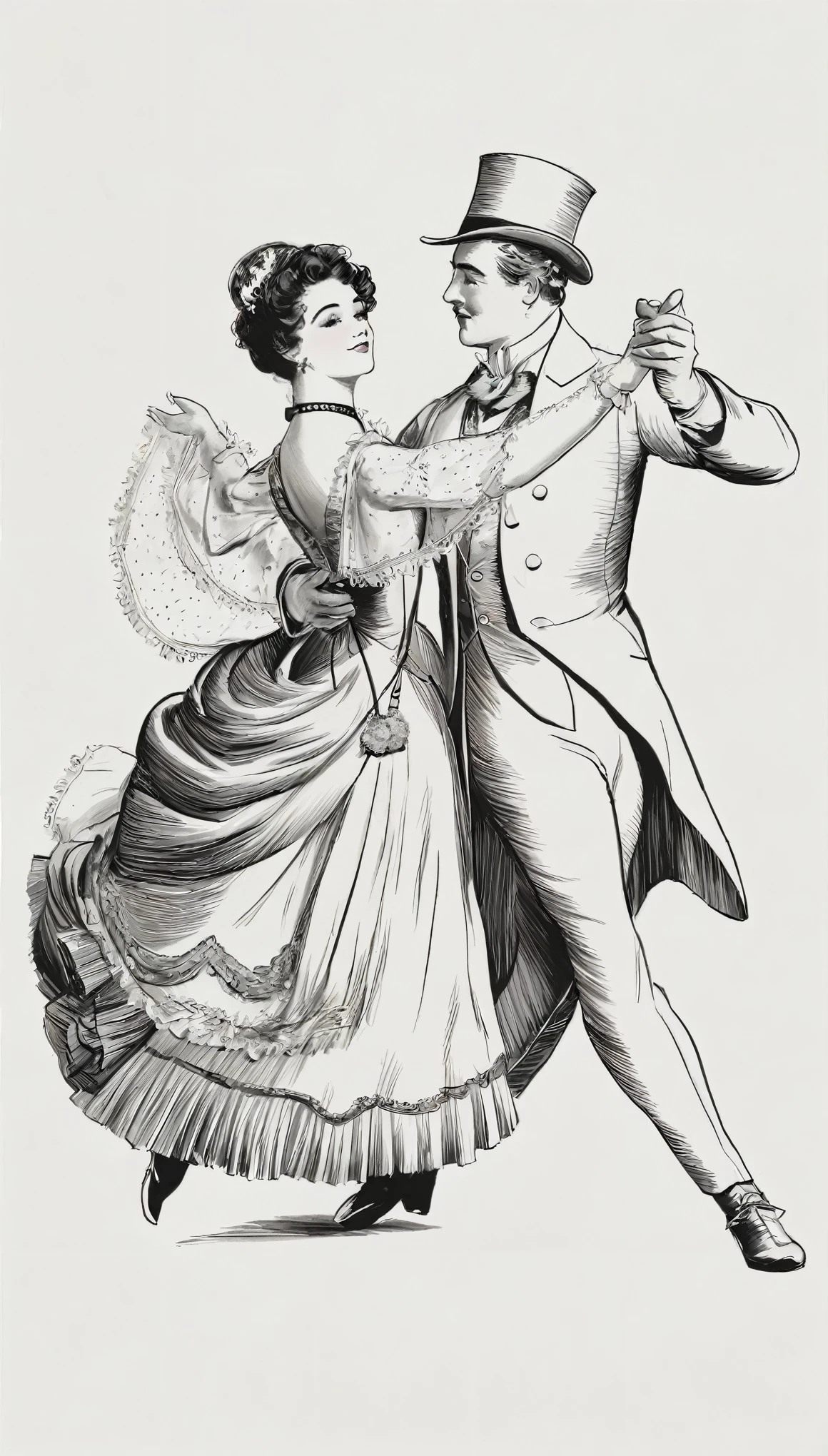 arafed drawing of a couple dancing a dance in a dress, inspired by Charles Dana Gibson, both wearing victorian clothes, by Charles Dana Gibson, dancing with each other, wearing victorian clothes, couple dancing, with victorian clothing, an elegant couple, inspired by Harrison Fisher, victorian clothing, elegant drawing, victorian style, detailed fashion illustration, dance scene
