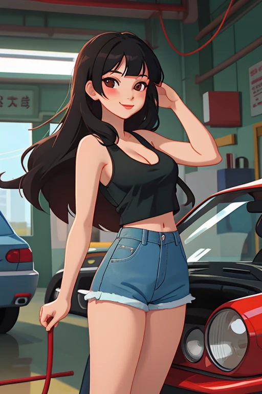 anime screencap,city, 1girl, solo, Taiwanese woman, long black hair, With bangs,1 female in, 28 yo, Beautiful face, glossy lips, red lipstick, closed mouth, smirk, big breasts, deep cleavage, pale skin, Black tight tank top, Tight Denim short-shorts, black high-heel shoes, standing. (Background: Indoors, car repair shop). The woman is an automobile repair mechanic