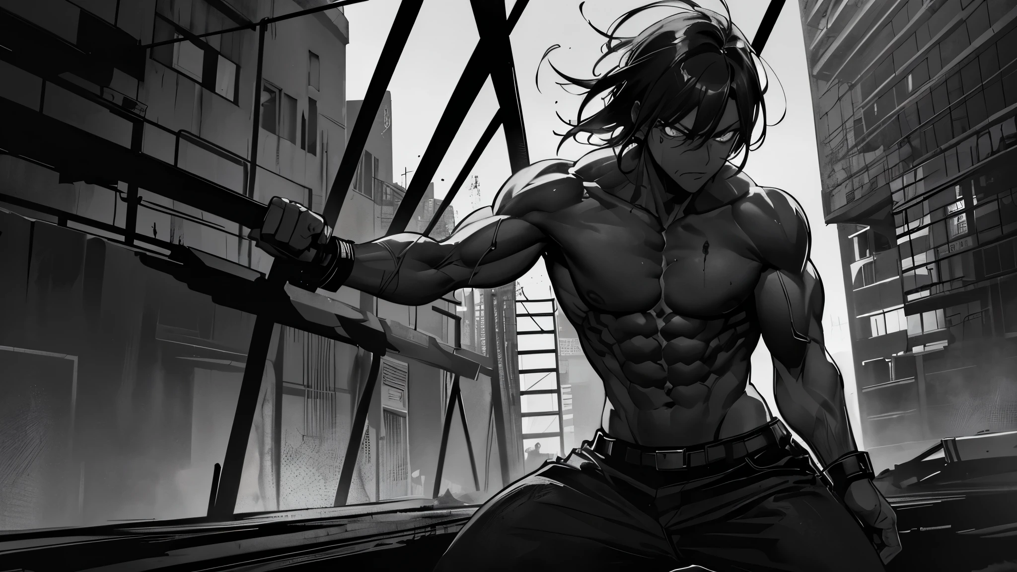 (detailed description, intense action, dark atmosphere, dramatic lighting), (gritty, urban setting), (black and white, high contrast), (sinister vibes), (emphasize muscles and physicality)