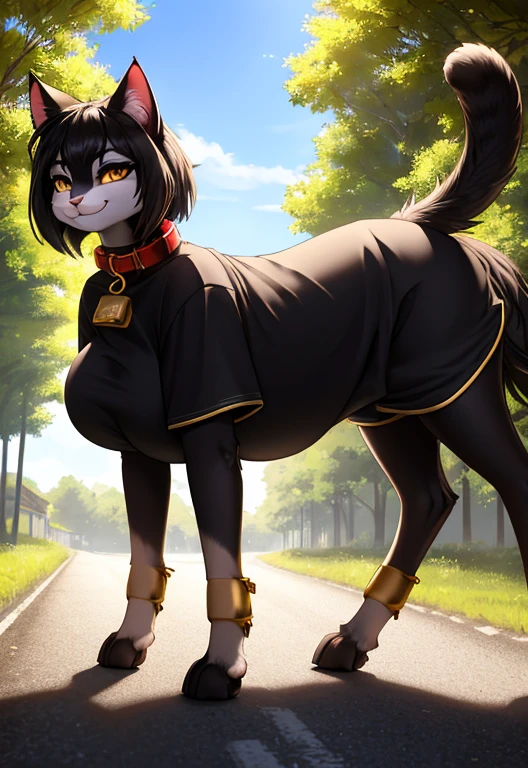 beautiful lights and shadows, ambient light, ultra detailed fur, volumetric light 4K, 8k, uhd, smirk, (feral cat:1.3), cute face, heavy makeup, large breasts, band T-shirt and shorts , four legged, (quadrupedal:1.5), thin, black hair, red collar with gold tag, on tree lined road