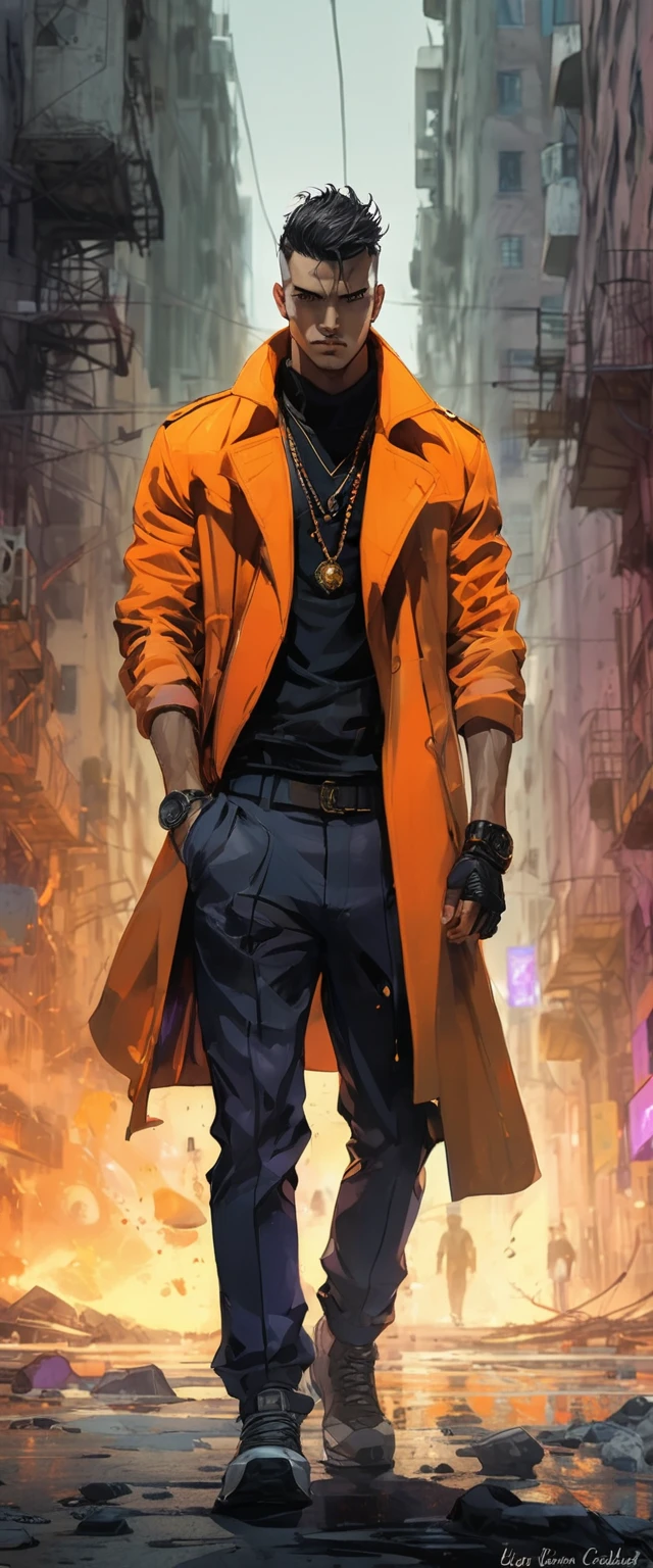 oscuro y desgarrado, 1 hombre joven hermoso cuerpo musculoso, fierce expression, sosteniendo un arma, (colores en su ropa, warm, naranja, amarillo, Violeta:1.3), standing in a desolate wasteland, dramatic lighting, sombras intensas, textura arenosa, tall contrast, Colores vibrantes, dynamic pose, postura poderosa, fondo rugoso, explosive atmosphere, dystopian theme, elementos surrealistas, digitally painted illustration, High definition resolution, detalles intrincados, dramatic composition, avant-garde and chaotic brushstrokes, Gothic style, emociones intensas, epic scale, raw and gritty feeling, Obras de arte cautivadoras y provocativas..