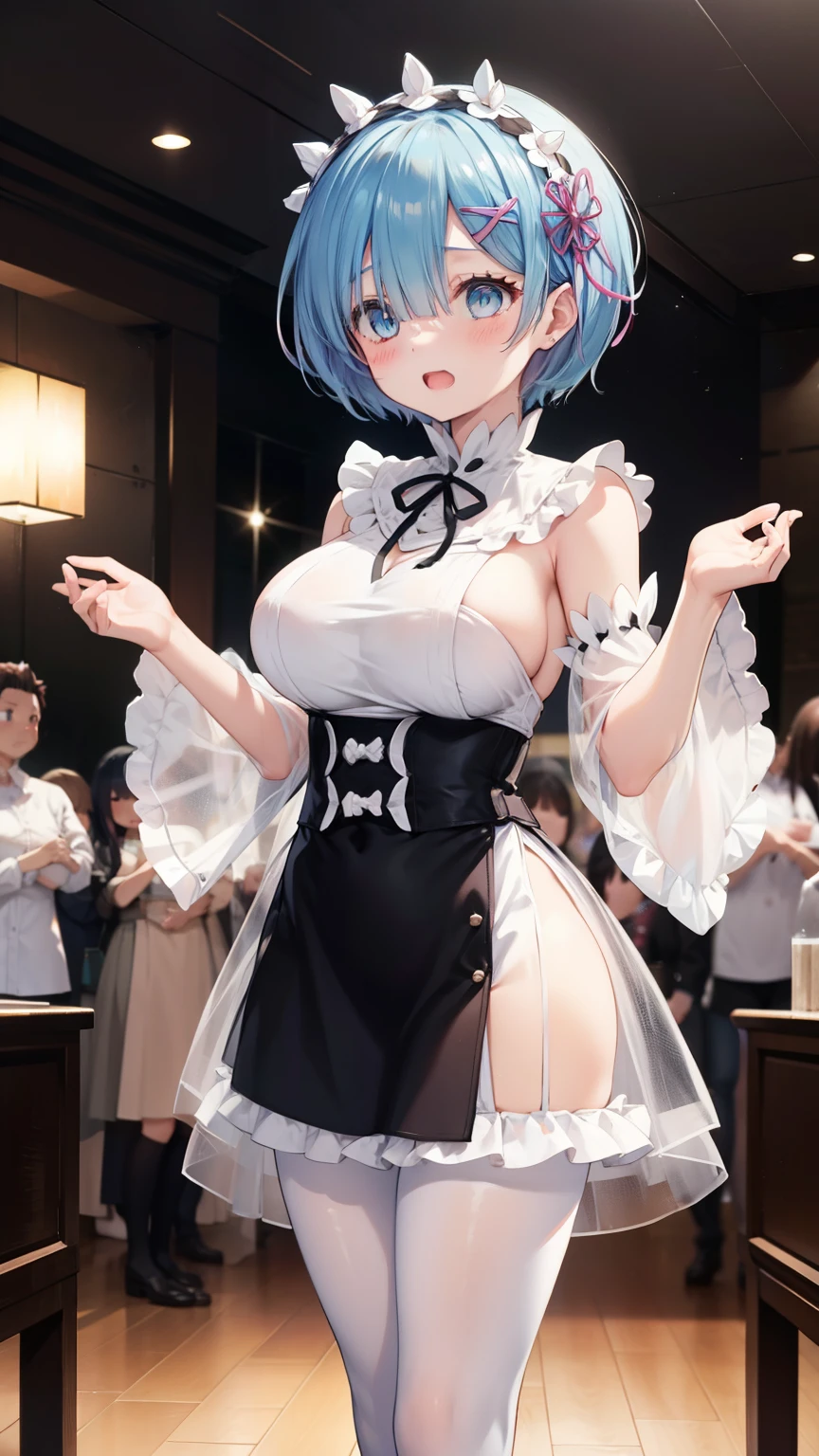 Rem from Re:Zero、light blue hair、short hair、table top、High resolution、many girls multiple girls、large crowd、lots of cute girls、big and full breasts、naughty body、See-through、throw、、whole body、Are standing、Look up at me、confused face、blush、embarrassing、Excited、white breath、black pantyhose、female shape'Private parts are clearly visible、You can see the miniskirt of Nippurikuro、very short skirt、hospital、hospital room、Many people々々々々々、in the crowd、bare chest、show your chest、Upper grade、A lot of milk comes out from the nipples、Breast milk gushes from the nipple、white nurse uniform、cat ears nurse uniform、white one-piece nurse uniform、bangs that cover one eye、pink hairpin、、white sandals、Ahegao、Cumming face、climax、Feels good、I feel it、masturbation、open your mouth and stick out your tongue、leaning forward、Become an inner thigh、wet floor、Wet inner thigh、man close behind、lean against the wall、drool、Inner thighs are wet、Love juice is dripping from the crotch、Lower back falling out、dorsal position、sex、Insert male genitalia from behind、man standing behind