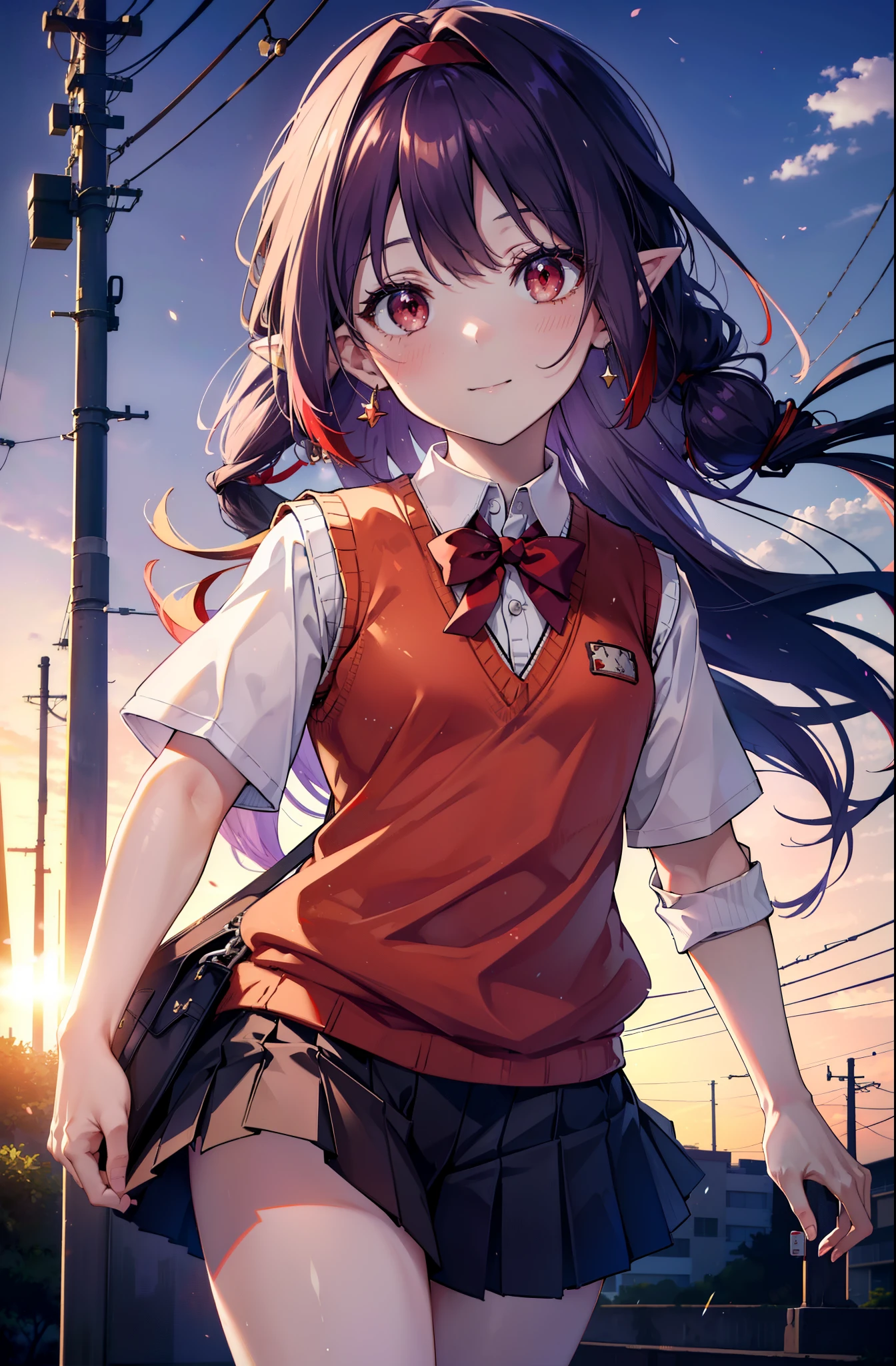 yuukikonno, Yuki Konno, hair band, Long Hair, Pointy Ears, Purple Hair, (Red eyes:1.5), (Small breasts:1.2), smile,White Y-shirt,Sweater vest, (紫色 Sweater vest:1.5),,Short sleeve,Purple pleated skirt,black tights,Brown Loafers,Toast in the mouth, running, City Street,morning,morning日,sunrise,A girl running,
break looking at viewer, Upper Body, whole body,
break outdoors, Residential area crowd, people々々,
break (masterpiece:1.2), highest quality, High resolution, unity 8k wallpaper, (shape:0.8), (Fine and beautiful eyes:1.6), Highly detailed face, Perfect lighting, Highly detailed CG, (Perfect hands, Perfect Anatomy),