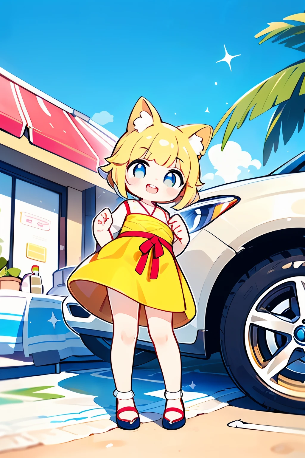 Octane Render、(Hyper-detailing: 1.15)、(Soft light、sharp: 1.2)、morning、 posing in front of colorful EV in parking lot near beach, Traditional costumes、Distinctive ethnic hair ornaments、Characteristic ethnic shoes、 Fuji Film, F/4.0, masutepiece, Anatomically correct、A smile, radiant light
