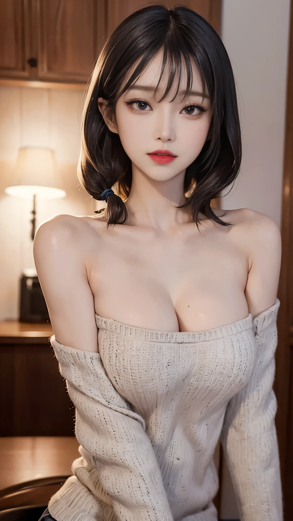 (​masterpiece:1.3), (8K, Photorealsitic, Raw photography, Top image quality: 1.4), Japan high school girls、(Random hairstyles:1.2)、cleavage of the breast:1.2、Super Detail Face、Eye of Detail、double eyelid、Bring your chest together、sharp focus:1.2、prety woman:1.4、light brown hair、top-quality、​masterpiece、超A high resolution、(Photorealsitic:1.4)、Highly detailed and professional lighting smile、Loose and light knitwear、Shoulder out、slender、serious facial expression、short-haired、Fatal position