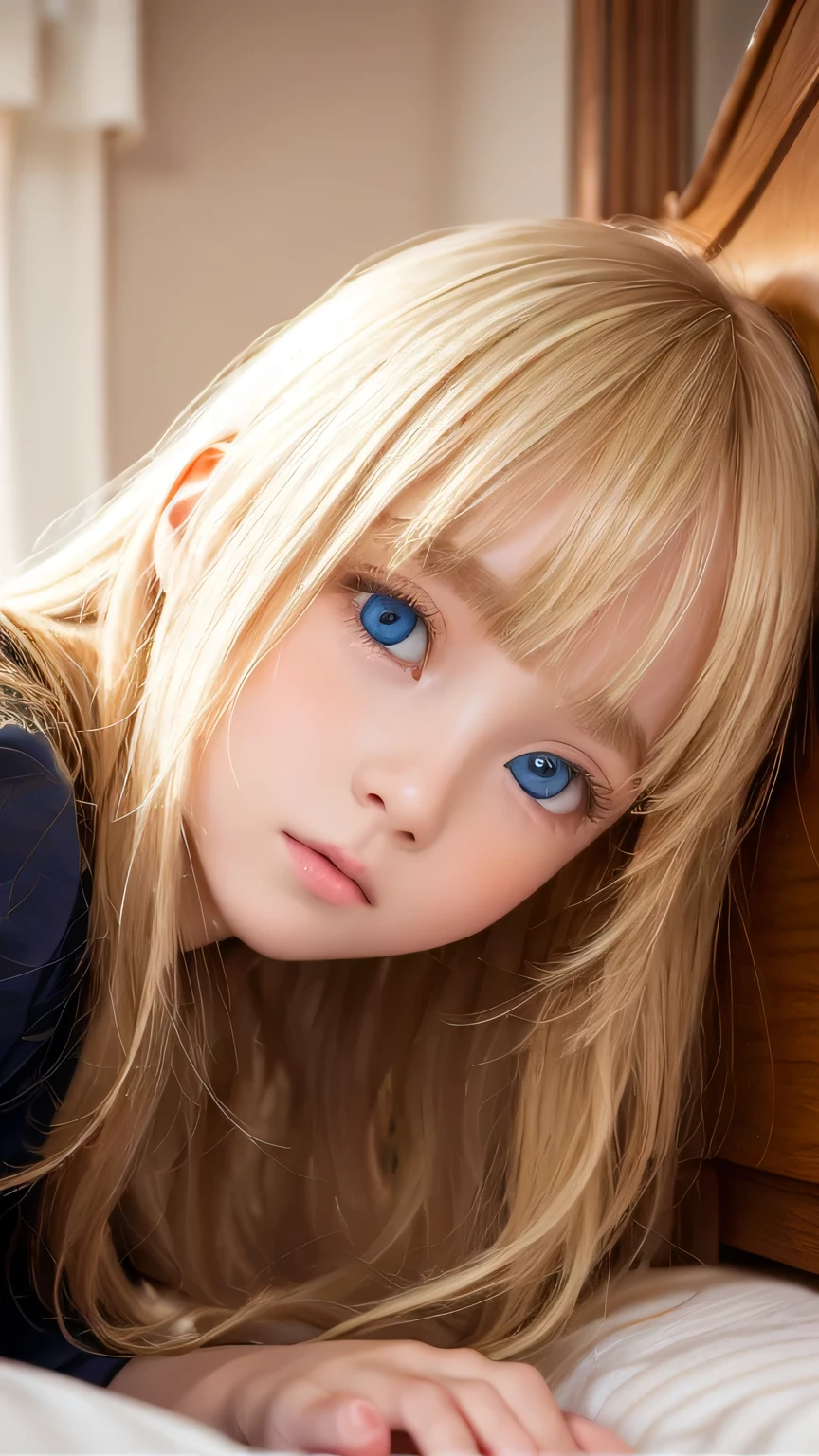 A very white and beautiful 19-year-old blonde girl、Mastepiece, Best Quality, Illustration, Ultra-detailed fine details, Natural platinum blonde with a natural shine、Super long straight silky hair、Super long Rapunzel hair、disheveled bangs above the eyes,、Bangs that cover the face、High resolution, 8K Denden Wallpaper, Perfect dynamic composition, Beautifully detailed large light blue eyes , Very big eyes、of hotel(Bed)、Small Face Girl、Round face、On all fours