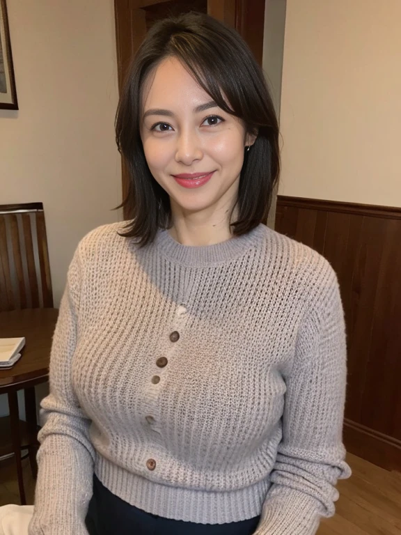 8K picture quality,masterpiece,best quality,Clive Arch,(Perfect body beauty:1.2),Black underwear shows through,(Chest:1.weater,Smile,sweater打開,A woman who looks 50 years old,Slightly chubby female,A beautiful woman who looks older,Congressman showing his underwear