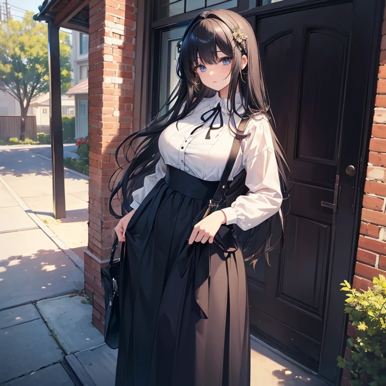 ((best quality)), ((masterpiece)), (detailed), perfect face,25-year-old woman, 
from above, Black Hair, Long Hair,Gentle eyes,tall, Large Breasts, Casual clothing,Long Skirt, Entrance of the house,Outdoor Scene, Standing,whole body