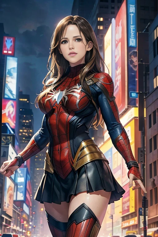 Jennifer Garner、Marvel Comics Movie Poster, Very beautiful, Movies about Spiderman, sexy, whole body, I'm wearing a skirt、Premiere date, Poster、belly buttonを突き出す、new york、She's wearing a torn Spider-Man suit,The suit is torn、Wearing a skirt、 Red and black color scheme,dynamic、masterpiece、highest quality、Ultra-detailed、Very detailed、A delicate and beautiful shine、超A high resolution、Cinematic,Break,Breakdrop,(Torn clothes:1.5), (Wet clothes:1.4), Bare shoulders,Real Rain,Wet Hair,belly button、Exposing Skin、Showing off her sexy shoulders