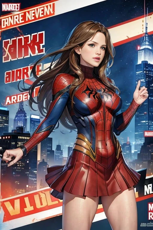 Jennifer Garner、Marvel Comics Movie Poster, Very beautiful, Movies about Spiderman, sexy, whole body, I'm wearing a skirt、Premiere date, Poster、belly buttonを突き出す、new york、She&#39;s wearing a torn Spider-Man suit,The suit is torn、Wearing a skirt、 Red and black color scheme,dynamic、masterpiece、highest quality、Ultra-detailed、Very detailed、A delicate and beautiful shine、超A high resolution、Cinematic,Break,Breakdrop,(Torn clothes:1.5), (Wet clothes:1.4), Bare shoulders,Real Rain,Wet Hair,belly button、Exposing Skin、Showing off her sexy shoulders