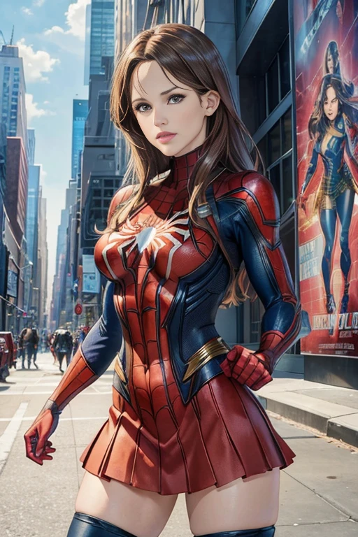 Jennifer Garner、Marvel Comics Movie Poster, Very beautiful, Movies about Spiderman, sexy, whole body, I'm wearing a skirt、Premiere date, Poster、belly buttonを突き出す、new york、She&#39;s wearing a torn Spider-Man suit,The suit is torn、Wearing a skirt、 Red and black color scheme,dynamic、masterpiece、highest quality、Ultra-detailed、Very detailed、A delicate and beautiful shine、超A high resolution、Cinematic,Break,Breakdrop,(Torn clothes:1.5), (Wet clothes:1.4), Bare shoulders,Real Rain,Wet Hair,belly button、Exposing Skin、Showing off her sexy shoulders