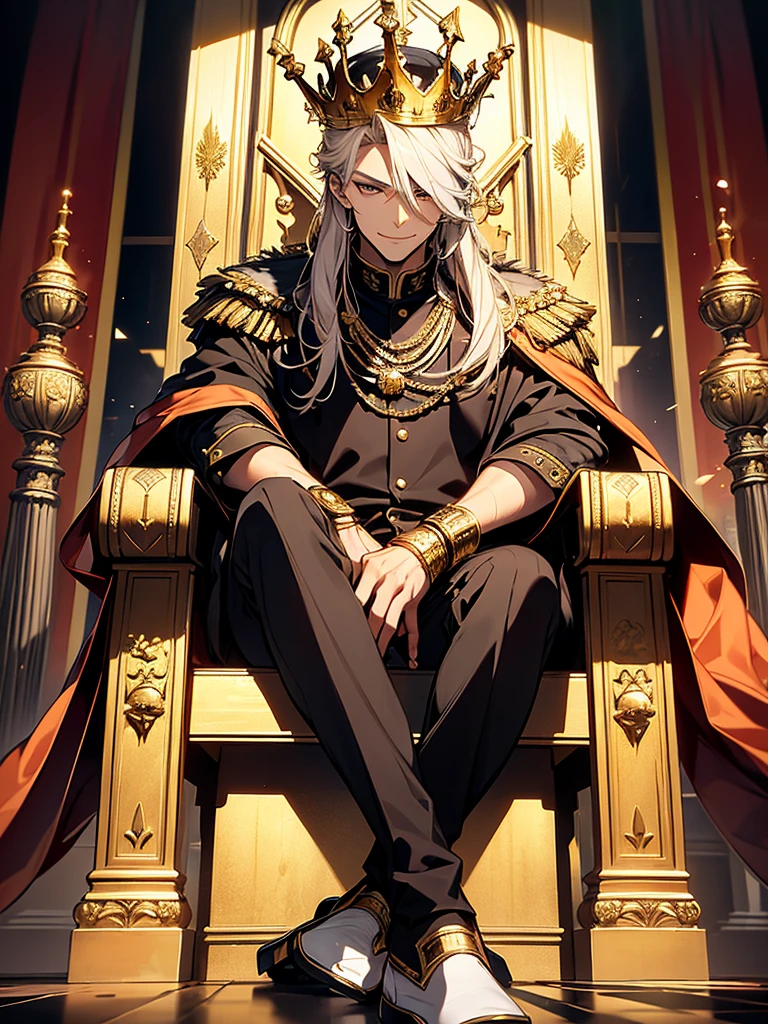 a man sitting on a golden throne, face detailed with a smile, he is alone, with a golden crown on his head, two black wolves sitting on the floor next to the throne, background scene inside a black castle