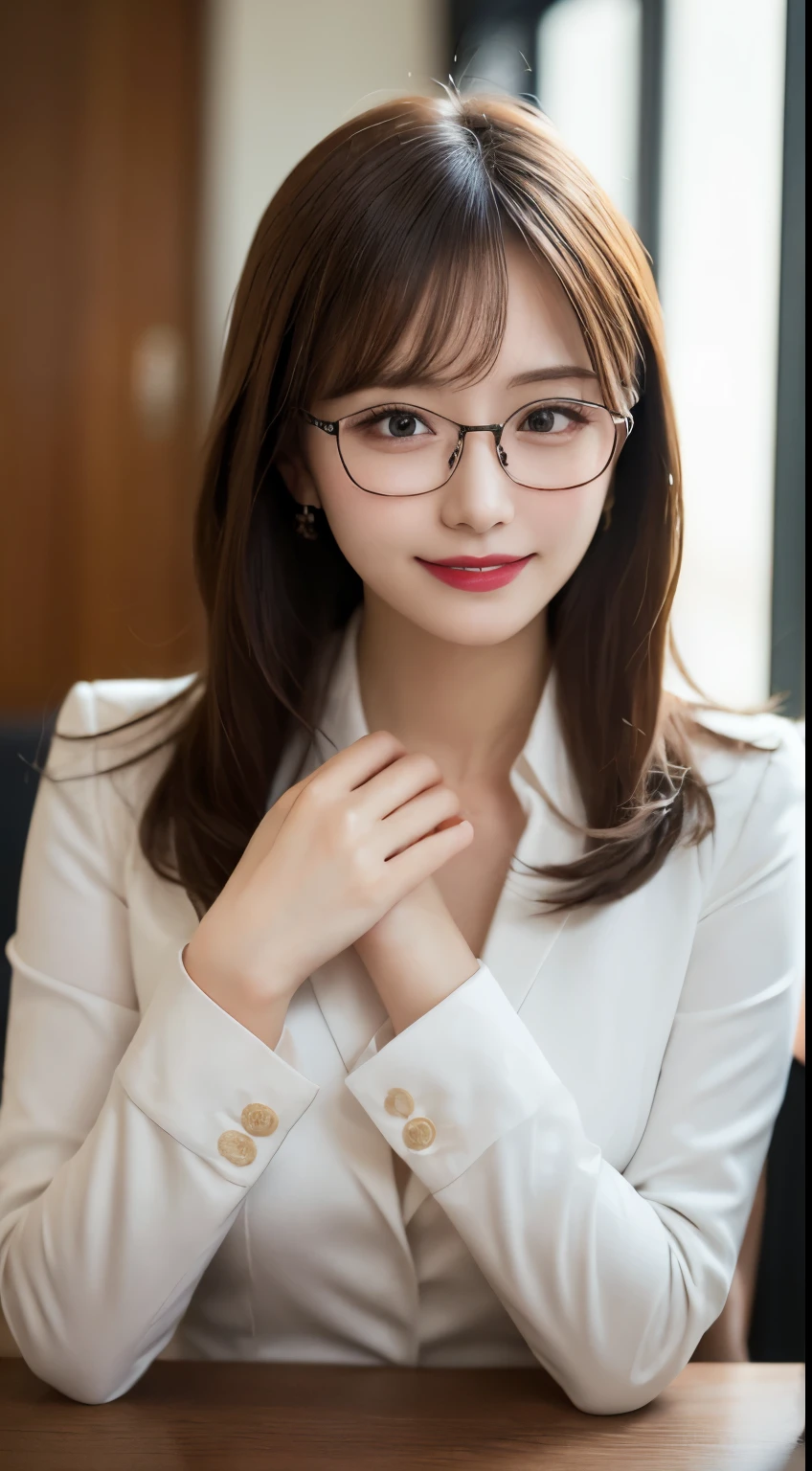 Tabletop, highest quality, figure, Very detailed, In detail, High resolution, 8k wallpaper, Perfect dynamic composition, Beautiful fine details, suit,Medium Hair, Center of chest, Natural color lip, Random sexy poses,smile,company、secretary、Large Breasts、Glasses