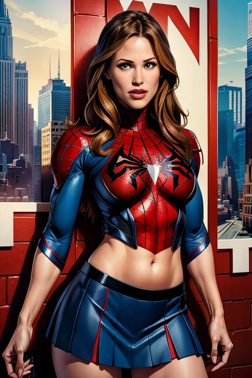 Jennifer Garner、Marvel Comics Movie Poster, Very beautiful, Movies about Spiderman, sexy, whole body, I'm wearing a skirt、Premiere date, Poster、belly buttonを突き出す、new york、She's wearing a torn Spider-Man suit,The suit is torn、Wearing a skirt、 Red and black color scheme,dynamic、masterpiece、highest quality、Ultra-detailed、Very detailed、A delicate and beautiful shine、超A high resolution、Cinematic,Break,Breakdrop,(Torn clothes:1.5), (Wet clothes:1.4), Bare shoulders,Real Rain,Wet Hair,belly button、Exposing Skin、Showing off her sexy shoulders