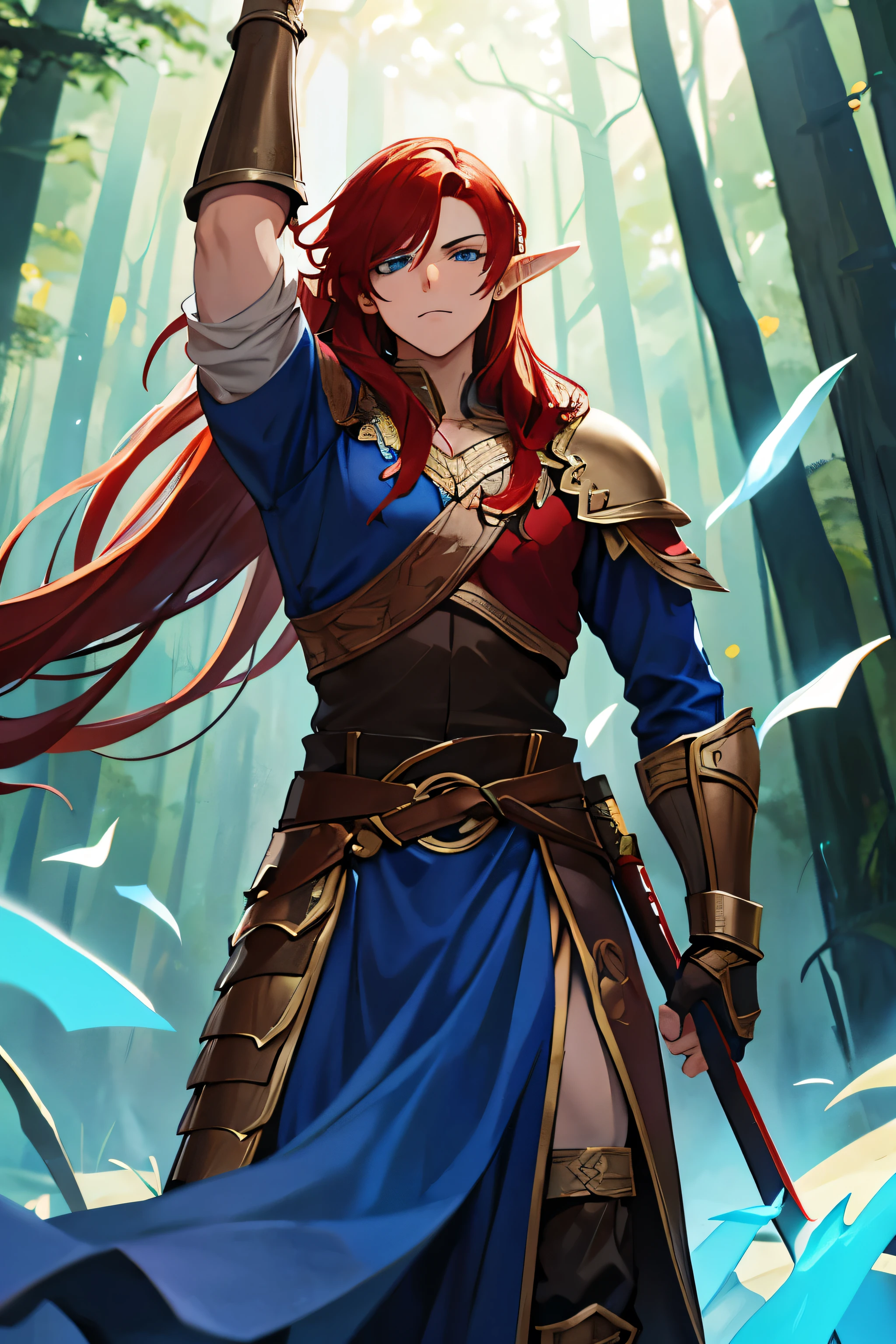 Elf guy, with medium-length red hair, dressed in barbarian armor, blue eyes, against a background of a dense forest