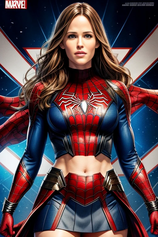 Jennifer Garner、Marvel Comics Movie Poster, Very beautiful, Movies about Spiderman, sexy, whole body, I'm wearing a skirt、Premiere date, Poster、belly buttonを突き出す、new york、She&#39;s wearing a torn Spider-Man suit,The suit is torn、Wearing a skirt、 Red and black color scheme,dynamic、masterpiece、highest quality、Ultra-detailed、Very detailed、A delicate and beautiful shine、超A high resolution、Cinematic,Break,Breakdrop,(Torn clothes:1.5), (Wet clothes:1.4), Bare shoulders,Real Rain,Wet Hair,belly button、Exposing Skin、Showing off her sexy shoulders