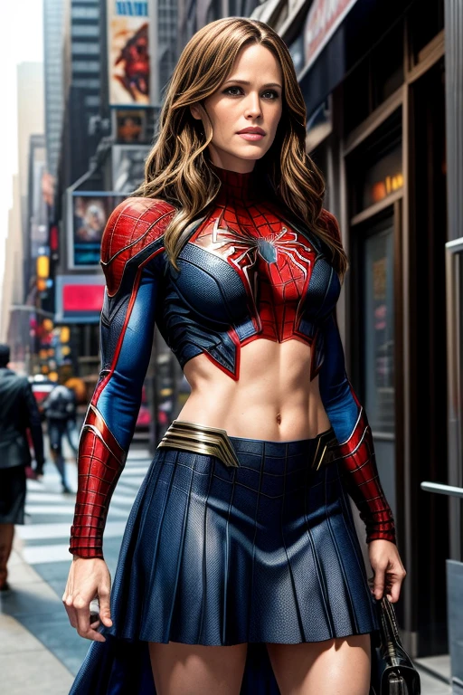 Jennifer Garner、Marvel Comics Movie Poster, Very beautiful, Movies about Spiderman, sexy, whole body, I'm wearing a skirt、Premiere date, Poster、belly buttonを突き出す、new york、She's wearing a torn Spider-Man suit,The suit is torn、Wearing a skirt、 Red and black color scheme,dynamic、masterpiece、highest quality、Ultra-detailed、Very detailed、A delicate and beautiful shine、超A high resolution、Cinematic,Break,Breakdrop,(Torn clothes:1.5), (Wet clothes:1.4), Bare shoulders,Real Rain,Wet Hair,belly button、Exposing Skin、Showing off her sexy shoulders