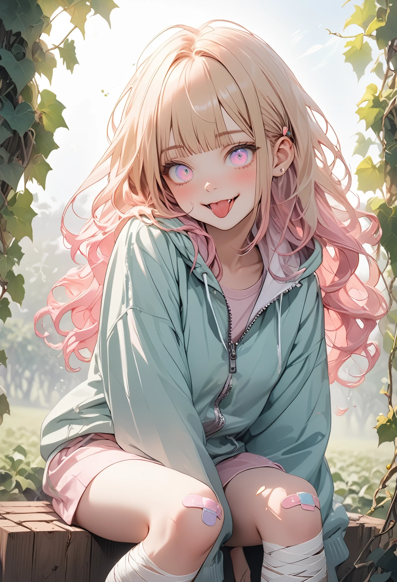 ((Masterpiece)), ((best quality)), (High Definition:1.3), (Professional Photography:1.2), 1girl, girl, (sitting on the blocks), (frizzy hair), beautiful blonde hair, (loose blunt bangs), Slender thighs, (sticking out tongue), (smug), (open mouth), Beautiful diamond eyes, (zip up), pale pink clothing, (ruffled), lonely expression, (in The grapevine vineyard), Massively bandaged arm, (fansy band aid), band aid on legs, (mist effect:1.3), pastel colors, kawaii, cute colors, (unusual pupils),