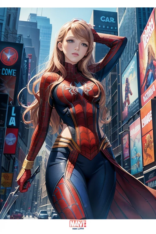 Blake Lively、マーベル・コミック映画のPoster, Very beautiful, Movies about Spiderman, sexy, whole body, I'm wearing a skirt、Premiere date, Poster、belly buttonを突き出す、new york、She&#39;s wearing a torn Spider-Man suit,The suit is torn、Wearing a skirt、 Red and black color scheme,dynamic、masterpiece、highest quality、Ultra-detailed、Very detailed、A delicate and beautiful shine、超A high resolution、Cinematic,Break,Breakdrop,(Torn clothes:1.5), (Wet clothes:1.4), Bare shoulders,Real Rain,Wet Hair,belly button、Exposing Skin、sexyな肩を見せてる