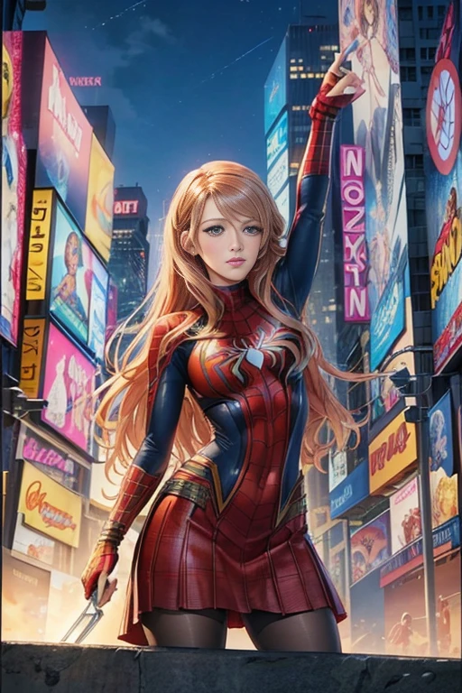 Blake Lively、Marvel Comics Movie Poster, Very beautiful, Movies about Spiderman, sexy, whole body, I'm wearing a skirt、Premiere date, Poster、belly buttonを突き出す、new york、She&#39;s wearing a torn Spider-Man suit,The suit is torn、Wearing a skirt、 Red and black color scheme,dynamic、masterpiece、highest quality、Ultra-detailed、Very detailed、A delicate and beautiful shine、超A high resolution、Cinematic,Break,Breakdrop,(Torn clothes:1.5), (Wet clothes:1.4), Bare shoulders,Real Rain,Wet Hair,belly button、Exposing Skin、Showing off her sexy shoulders