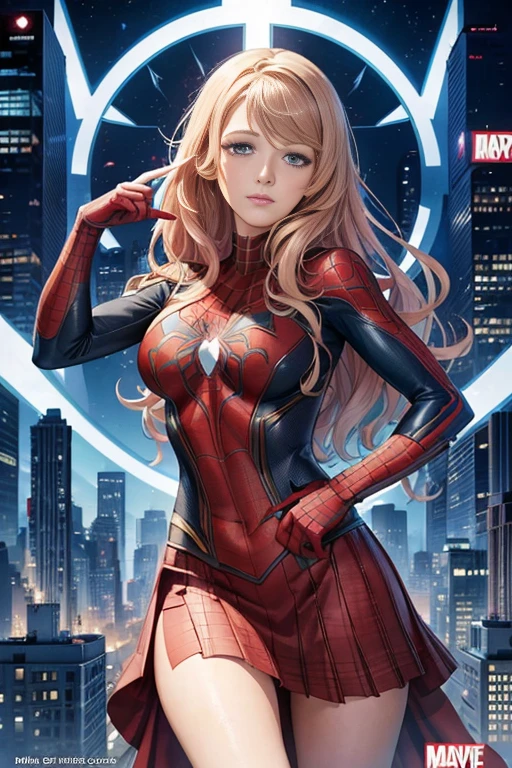 Blake Lively、Marvel Comics Movie Poster, Very beautiful, Movies about Spiderman, sexy, whole body, I'm wearing a skirt、Premiere date, Poster、belly buttonを突き出す、new york、She&#39;s wearing a torn Spider-Man suit,The suit is torn、Wearing a skirt、 Red and black color scheme,dynamic、masterpiece、highest quality、Ultra-detailed、Very detailed、A delicate and beautiful shine、超A high resolution、Cinematic,Break,Breakdrop,(Torn clothes:1.5), (Wet clothes:1.4), Bare shoulders,Real Rain,Wet Hair,belly button、Exposing Skin、Showing off her sexy shoulders