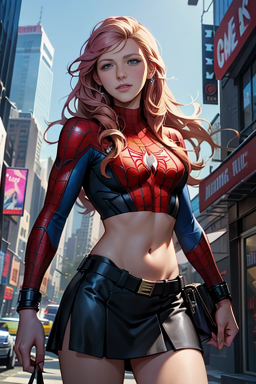 Blake Lively、Marvel Comics Movie Poster, Very beautiful, Movies about Spiderman, sexy, whole body, I'm wearing a skirt、Premiere date, Poster、belly buttonを突き出す、new york、She's wearing a torn Spider-Man suit,The suit is torn、Wearing a skirt、 Red and black color scheme,dynamic、masterpiece、highest quality、Ultra-detailed、Very detailed、A delicate and beautiful shine、超A high resolution、Cinematic,Break,Breakdrop,(Torn clothes:1.5), (Wet clothes:1.4), Bare shoulders,Real Rain,Wet Hair,belly button、Exposing Skin、Showing off her sexy shoulders