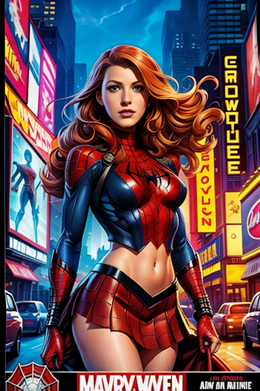 Blake Lively、Marvel Comics Movie Poster, Very beautiful, Movies about Spiderman, sexy, whole body, I'm wearing a skirt、Premiere date, Poster、belly buttonを突き出す、new york、She&#39;s wearing a torn Spider-Man suit,The suit is torn、Wearing a skirt、 Red and black color scheme,dynamic、masterpiece、highest quality、Ultra-detailed、Very detailed、A delicate and beautiful shine、超A high resolution、Cinematic,Break,Breakdrop,(Torn clothes:1.5), (Wet clothes:1.4), Bare shoulders,Real Rain,Wet Hair,belly button、Exposing Skin、Showing off her sexy shoulders