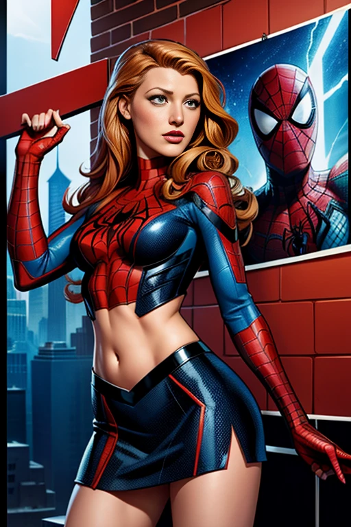 Blake Lively、Marvel Comics Movie Poster, Very beautiful, Movies about Spiderman, sexy, whole body, I'm wearing a skirt、Premiere date, Poster、belly buttonを突き出す、new york、She's wearing a torn Spider-Man suit,The suit is torn、Wearing a skirt、 Red and black color scheme,dynamic、masterpiece、highest quality、Ultra-detailed、Very detailed、A delicate and beautiful shine、超A high resolution、Cinematic,Break,Breakdrop,(Torn clothes:1.5), (Wet clothes:1.4), Bare shoulders,Real Rain,Wet Hair,belly button、Exposing Skin、Showing off her sexy shoulders