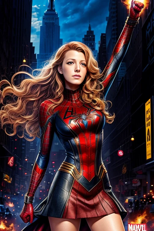 Blake Lively、Marvel Comics Movie Poster, Very beautiful, Movies about Spiderman, sexy, whole body, I'm wearing a skirt、Premiere date, Poster、belly buttonを突き出す、new york、She&#39;s wearing a torn Spider-Man suit,The suit is torn、Wearing a skirt、 Red and black color scheme,dynamic、masterpiece、highest quality、Ultra-detailed、Very detailed、A delicate and beautiful shine、超A high resolution、Cinematic,Break,Breakdrop,(Torn clothes:1.5), (Wet clothes:1.4), Bare shoulders,Real Rain,Wet Hair,belly button、Exposing Skin、Showing off her sexy shoulders