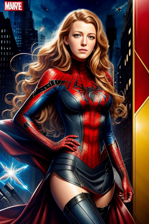 Blake Lively、Marvel Comics Movie Poster, Very beautiful, Movies about Spiderman, sexy, whole body, I'm wearing a skirt、Premiere date, Poster、belly buttonを突き出す、new york、She's wearing a torn Spider-Man suit,The suit is torn、Wearing a skirt、 Red and black color scheme,dynamic、masterpiece、highest quality、Ultra-detailed、Very detailed、A delicate and beautiful shine、超A high resolution、Cinematic,Break,Breakdrop,(Torn clothes:1.5), (Wet clothes:1.4), Bare shoulders,Real Rain,Wet Hair,belly button、Exposing Skin、Showing off her sexy shoulders