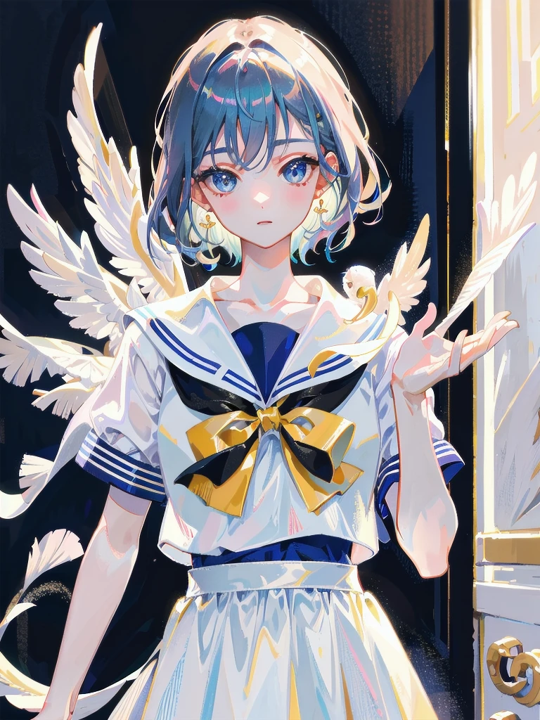 absurdres, RAW photo, extremely delicate and beautiful, masterpiece, Best Quality, ultra high resolution, 32k, hyperrealistic, ultra-detailed, detailed description, pale skin, 20 years old, delicate facial features, detailed beautiful face and eyes, tearful mole, earring, Colossal ????, short medium hair, wavy hair, full body shot, sailor uniform, school_uniform,