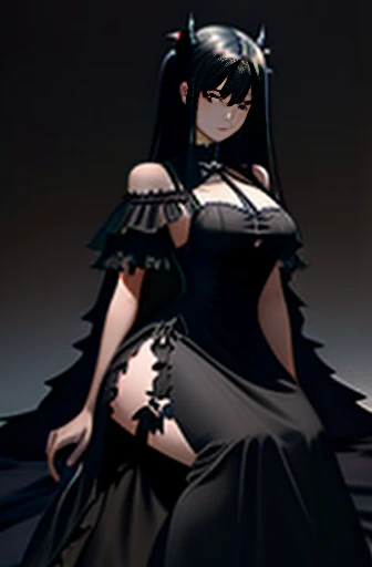 1girl, long black hair, black eyes, long black dress, short sleeves, neck ruffle, slit in dress, black heels, demon horns, demon tail, big breasts, thick thighs