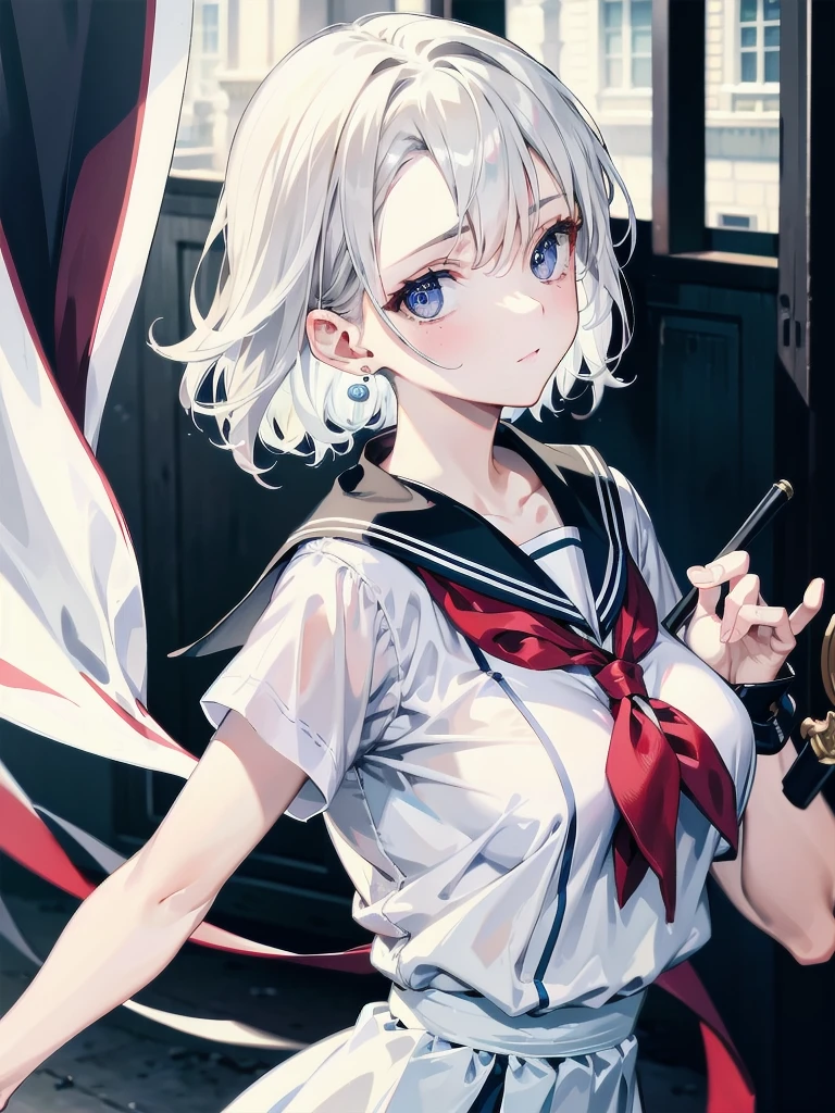 absurdres, RAW photo, extremely delicate and beautiful, masterpiece, Best Quality, ultra high resolution, 32k, hyperrealistic, ultra-detailed, detailed description, pale skin, 20 years old, delicate facial features, detailed beautiful face and eyes, tearful mole, earring, Colossal tits, short medium hair, wavy hair, full body shot, sailor uniform, school_uniform,