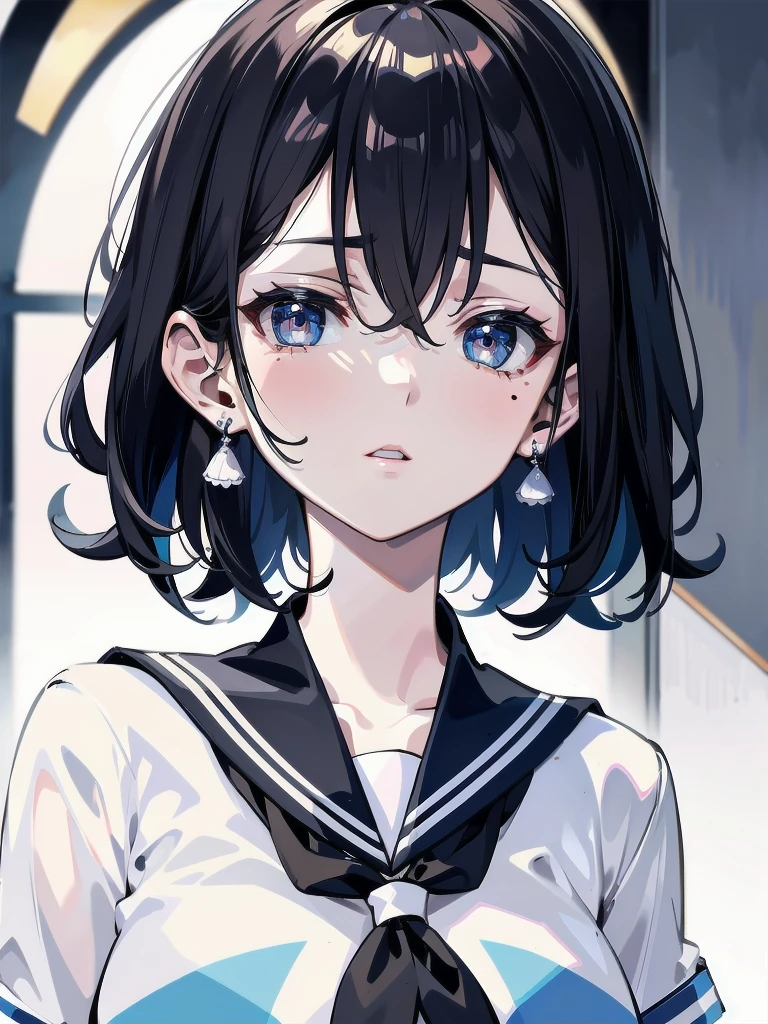 absurdres, RAW photo, extremely delicate and beautiful, masterpiece, Best Quality, ultra high resolution, 32k, hyperrealistic, ultra-detailed, detailed description, pale skin, 20 years old, delicate facial features, detailed beautiful face and eyes, tearful mole, earring, Colossal tits, short medium hair, wavy hair, full body shot, sailor uniform, school_uniform,