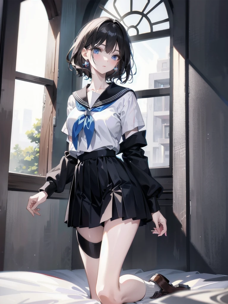 absurdres, RAW photo, extremely delicate and beautiful, masterpiece, Best Quality, ultra high resolution, 32k, hyperrealistic, ultra-detailed, detailed description, pale skin, 20 years old, delicate facial features, detailed beautiful face and eyes, tearful mole, earring, Colossal tits, short medium hair, wavy hair, full body shot, sailor uniform, school_uniform,