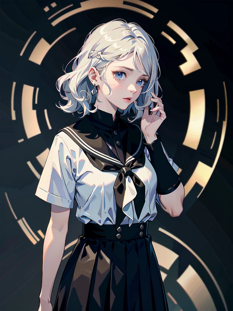absurdres, RAW photo, extremely delicate and beautiful, masterpiece, Best Quality, ultra high resolution, 32k, hyperrealistic, ultra-detailed, detailed description, pale skin, 20 years old, delicate facial features, detailed beautiful face and eyes, tearful mole, earring, Colossal tits, short medium hair, wavy hair, full body shot, sailor uniform, school_uniform,