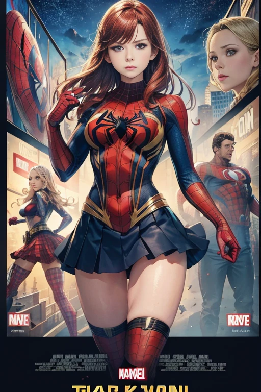 Anna Tove、Marvel Comics Movie Poster, Very beautiful, Movies about Spiderman, sexy, whole body, I'm wearing a skirt、Premiere date, Poster、belly buttonを突き出す、new york、She's wearing a torn Spider-Man suit,The suit is torn、Wearing a skirt、 Red and black color scheme,dynamic、masterpiece、highest quality、Ultra-detailed、Very detailed、A delicate and beautiful shine、超A high resolution、Cinematic,Break,Breakdrop,(Torn clothes:1.5), (Wet clothes:1.4), Bare shoulders,Real Rain,Wet Hair,belly button、Exposing Skin、Showing off her sexy shoulders