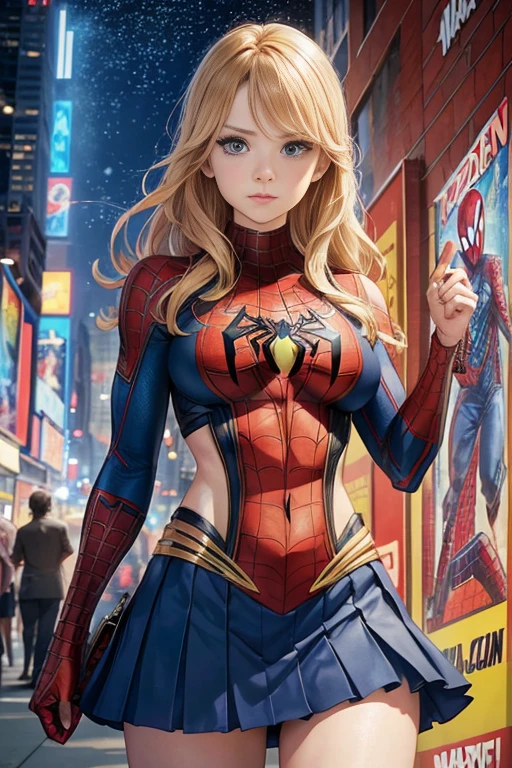 Anna Tove、Marvel Comics Movie Poster, Very beautiful, Movies about Spiderman, sexy, whole body, I'm wearing a skirt、Premiere date, Poster、belly buttonを突き出す、new york、She&#39;s wearing a torn Spider-Man suit,The suit is torn、Wearing a skirt、 Red and black color scheme,dynamic、masterpiece、highest quality、Ultra-detailed、Very detailed、A delicate and beautiful shine、超A high resolution、Cinematic,Break,Breakdrop,(Torn clothes:1.5), (Wet clothes:1.4), Bare shoulders,Real Rain,Wet Hair,belly button、Exposing Skin、Showing off her sexy shoulders