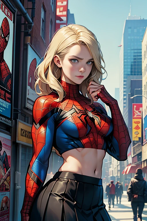 Anna Tove、Marvel Comics Movie Poster, Very beautiful, Movies about Spiderman, sexy, whole body, I'm wearing a skirt、Premiere date, Poster、belly buttonを突き出す、new york、She's wearing a torn Spider-Man suit,The suit is torn、Wearing a skirt、 Red and black color scheme,dynamic、masterpiece、highest quality、Ultra-detailed、Very detailed、A delicate and beautiful shine、超A high resolution、Cinematic,Break,Breakdrop,(Torn clothes:1.5), (Wet clothes:1.4), Bare shoulders,Real Rain,Wet Hair,belly button、Exposing Skin、Showing off her sexy shoulders