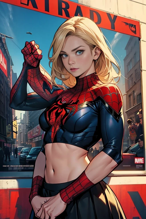 Anna Tove、Marvel Comics Movie Poster, Very beautiful, Movies about Spiderman, sexy, whole body, I'm wearing a skirt、Premiere date, Poster、belly buttonを突き出す、new york、She&#39;s wearing a torn Spider-Man suit,The suit is torn、Wearing a skirt、 Red and black color scheme,dynamic、masterpiece、highest quality、Ultra-detailed、Very detailed、A delicate and beautiful shine、超A high resolution、Cinematic,Break,Breakdrop,(Torn clothes:1.5), (Wet clothes:1.4), Bare shoulders,Real Rain,Wet Hair,belly button、Exposing Skin、Showing off her sexy shoulders